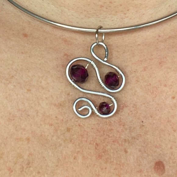 Deep Purple Faceted Glass Bead Adorned Stainless Steel Swirl Pendant - Picture 4 of 8